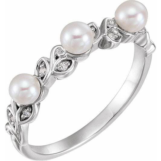 14K White Pearl & .03 CTW Diamond Stackable Leaf Pattern Ring