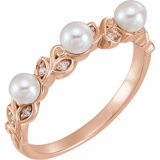 14K Rose Pearl & .03 CTW Diamond Stackable Leaf Pattern Ring