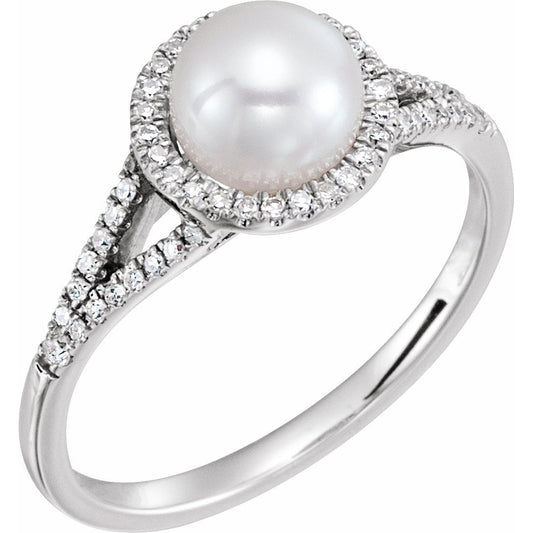 14K White Freshwater Cultured Pearl & 1/5 CTW Diamond Ring