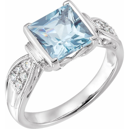 14K White Aquamarine & 1/8 CTW Diamond Ring