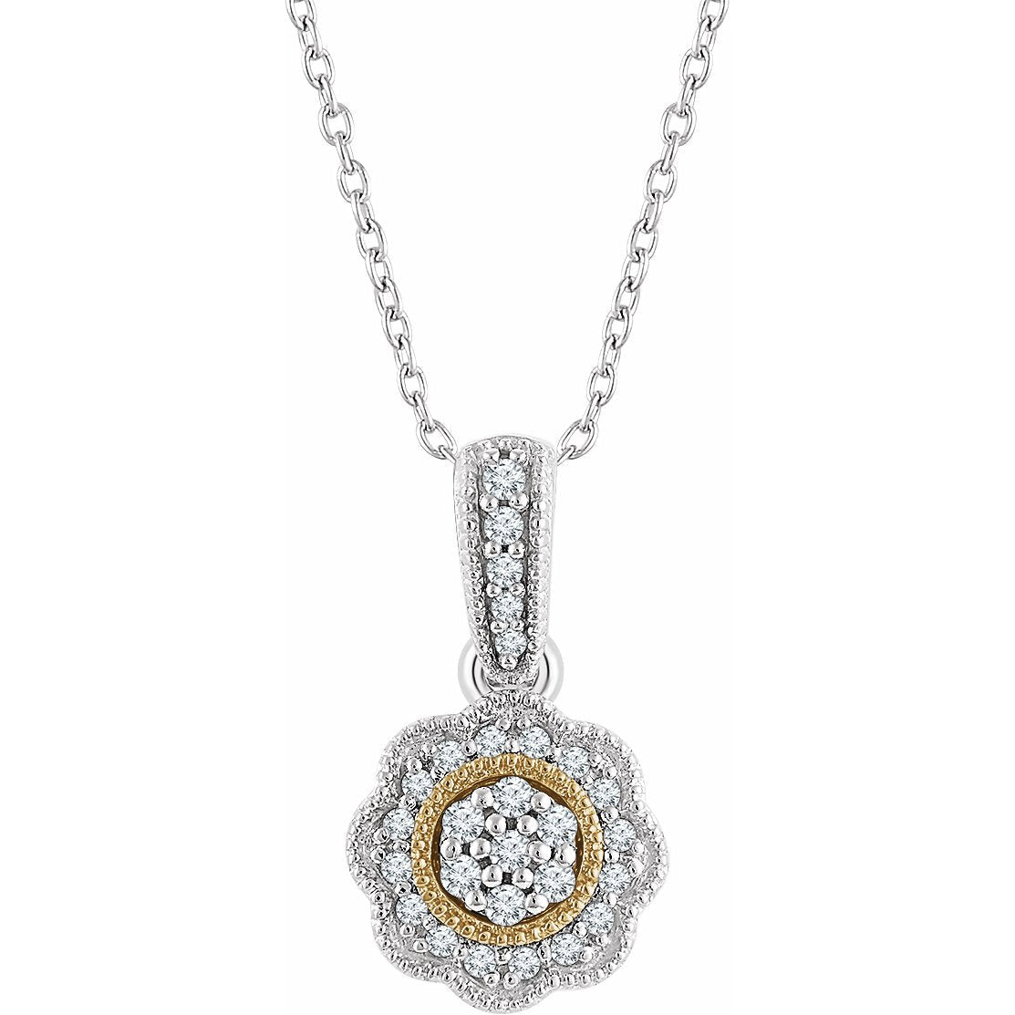 14K White & Yellow 1/6 CTW Diamond Halo-Style 16-18 Necklace