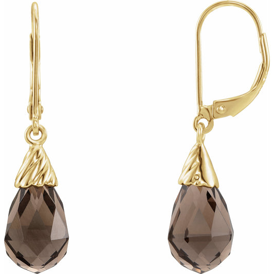 14K Yellow Smoky Quartz Briolette Lever Back Earrings