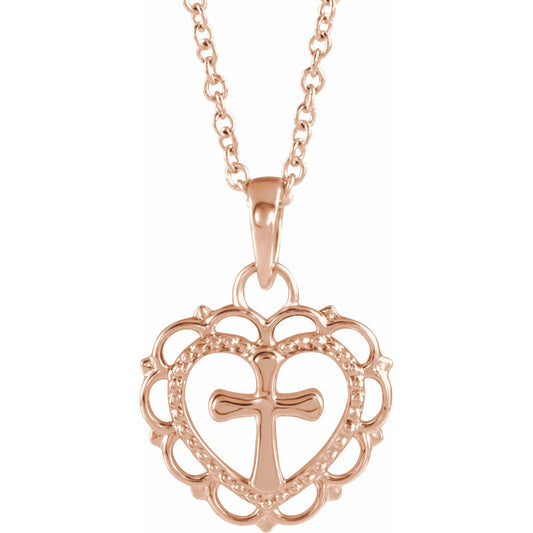 14K Rose Youth Heart with Cross 16-18 Necklace