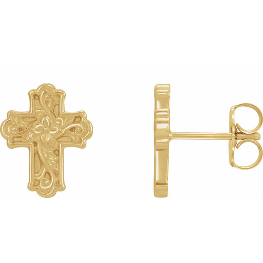 14K Yellow Floral-Inspired Cross Earrings