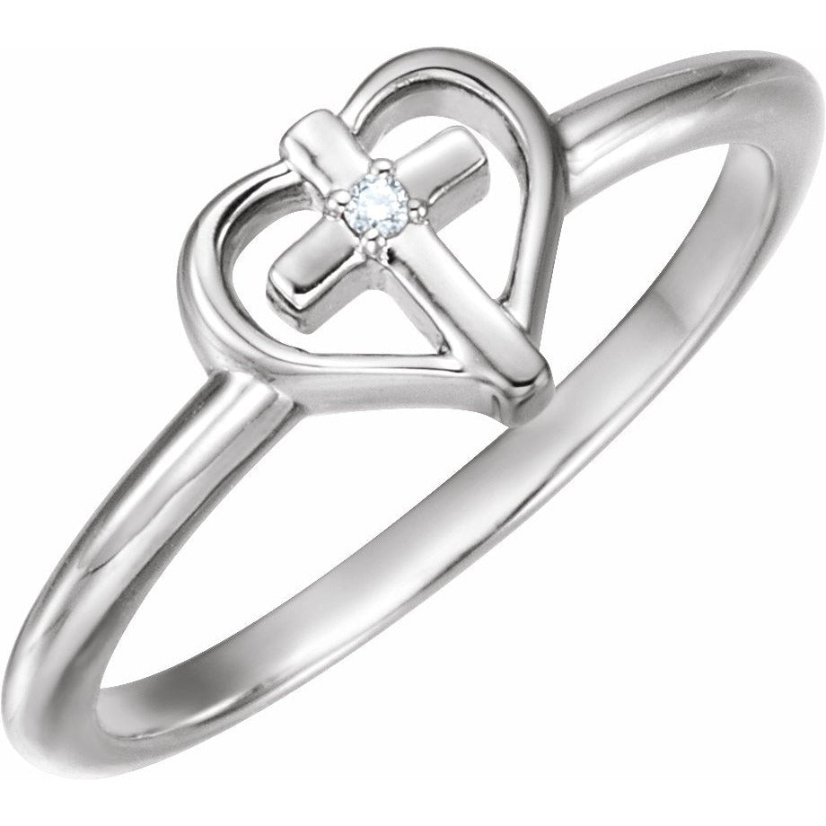 14K White .01 CT Diamond Cross with Heart Ring