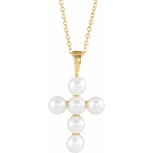 14K Yellow Freshwater Cultured Pearl Cross 16-18 Necklace