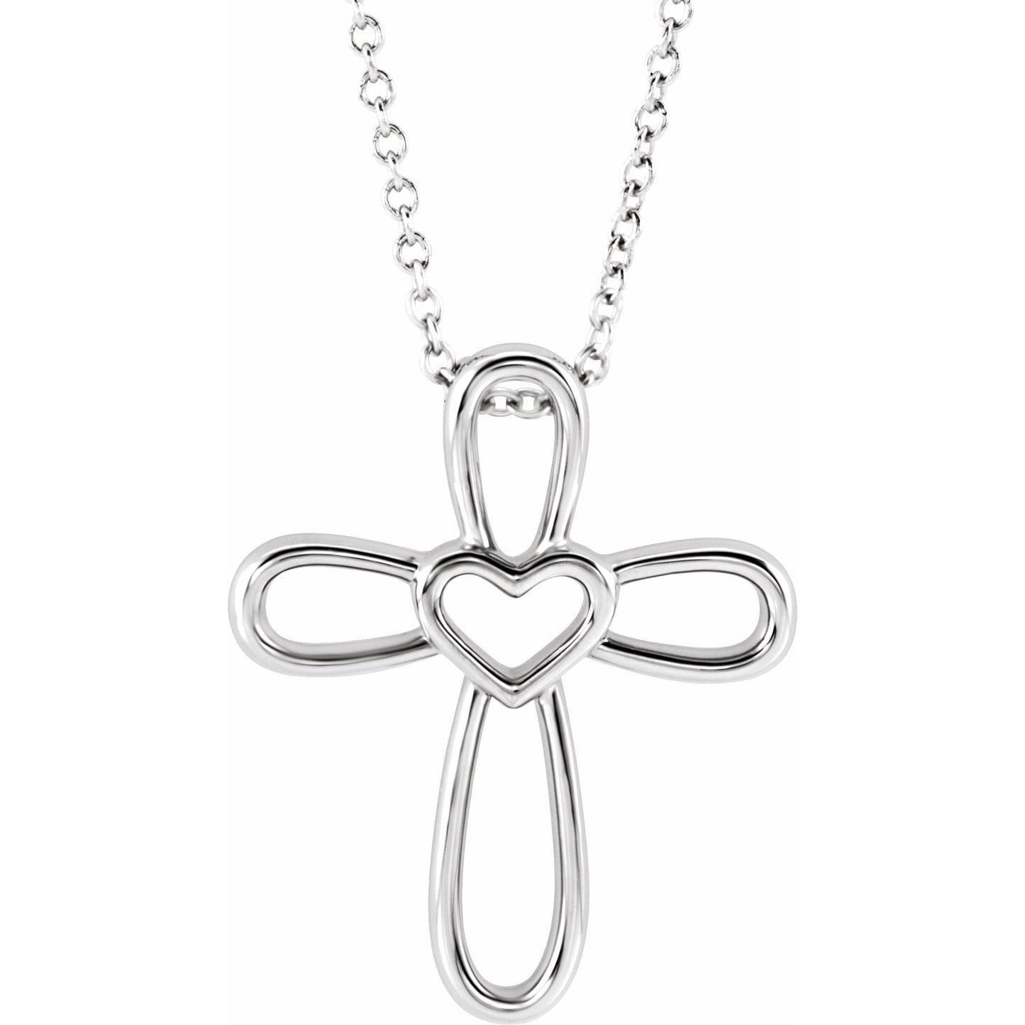 14K White Cross with Heart 16-18 Necklace