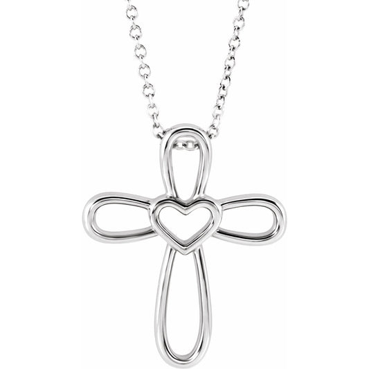 14K White Cross with Heart 16-18 Necklace