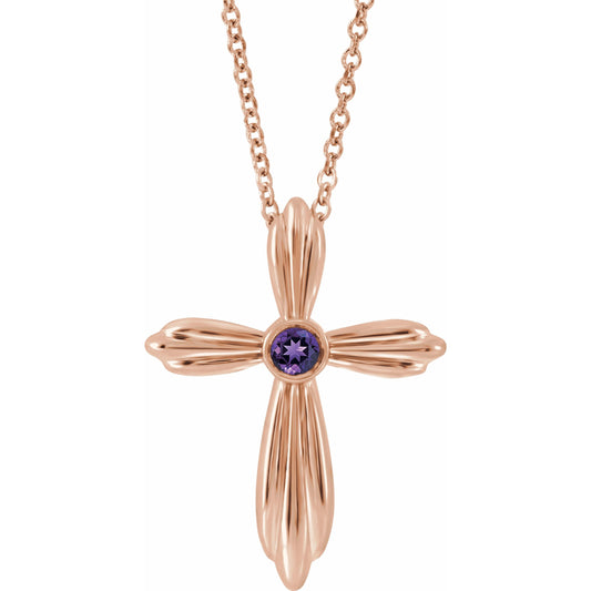 14K Rose Amethyst Cross 16-18 Necklace