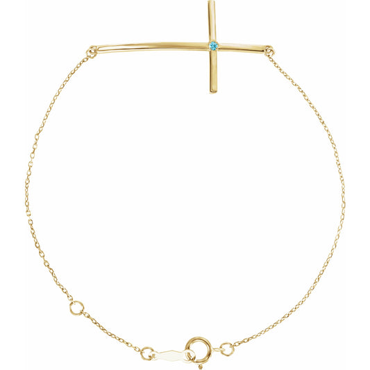 14K Yellow Blue Zircon Sideways Cross Bracelet