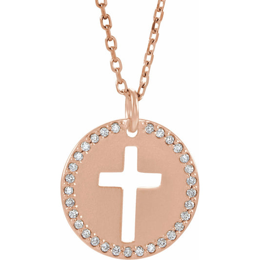 14K Rose .07 CTW Diamond Pierced Cross Disc 18 Necklace