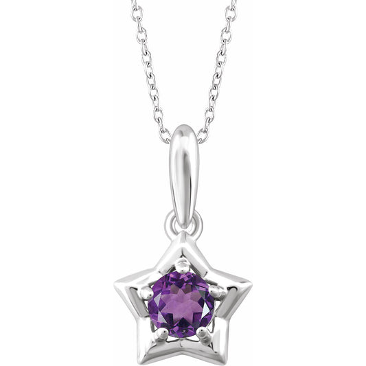 14K White 3 mm Round February Youth Star Birthstone 15 Necklace