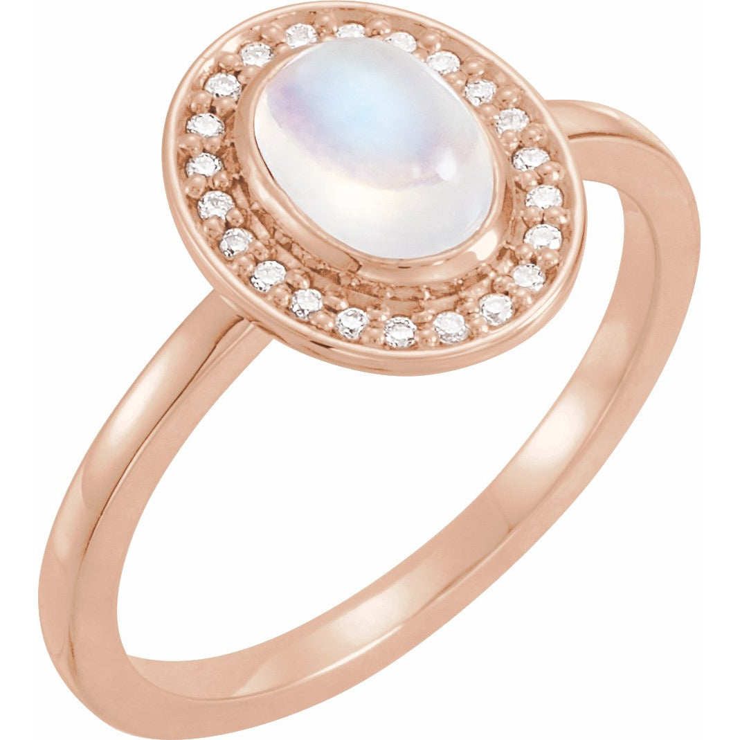 14K Rose Rainbow Moonstone & .08 CTW Diamond Halo-Style Ring