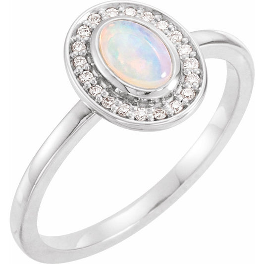 14K White Rainbow Moonstone & .08 CTW Diamond Halo-Style Ring