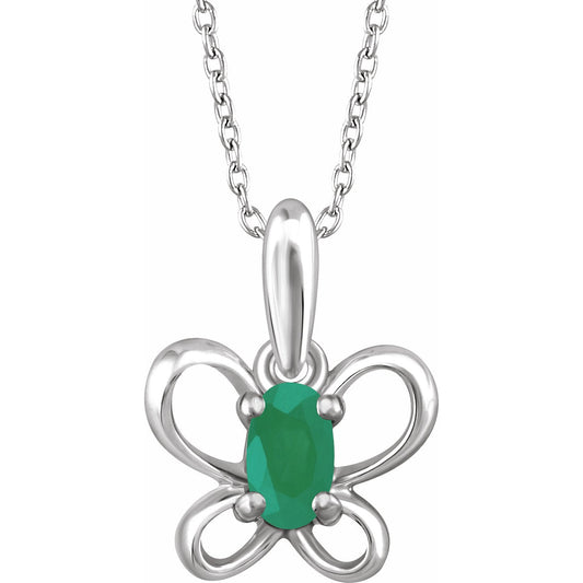 14K White 4x3 mm Oval May Youth Butterfly Birthstone 15 Necklace