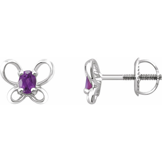 14K White 4x3 mm Oval February Youth Butterfly Birthstone Earrings