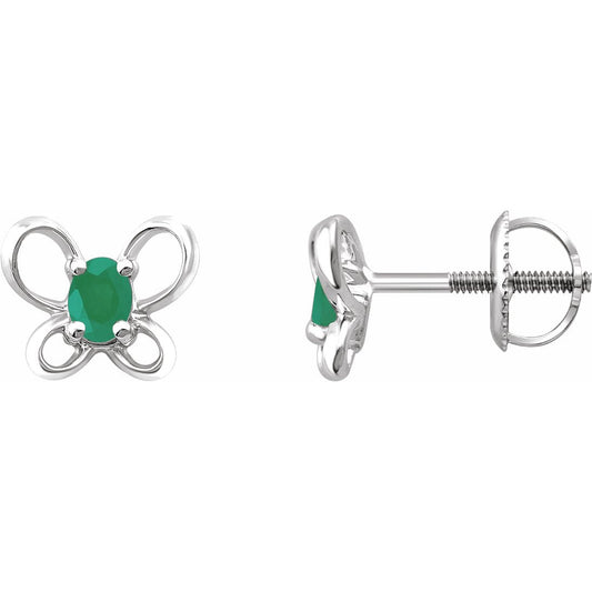 14K White 4x3 mm Oval May Youth Butterfly Birthstone Earrings