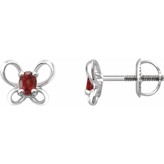 14K White 4x3 mm Oval January Youth Butterfly Birthstone Earrings