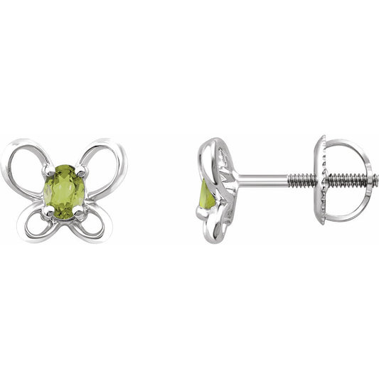 14K White 4x3 mm Oval August Youth Butterfly Birthstone Earrings