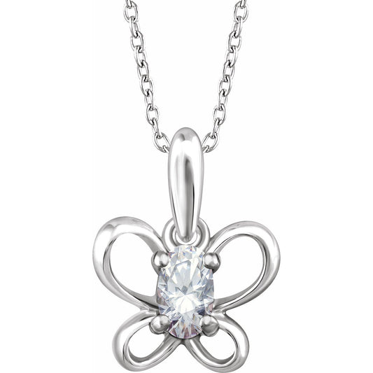 14K White 4x3 mm Oval April Youth Butterfly Birthstone 15 Necklace