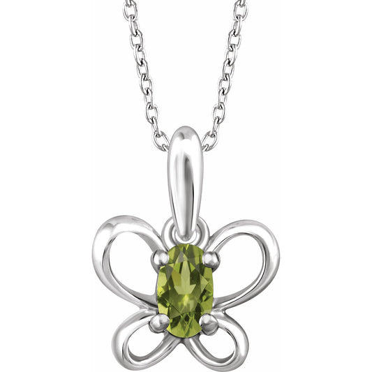 14K White 4x3 mm Oval August Youth Butterfly Birthstone 15 Necklace