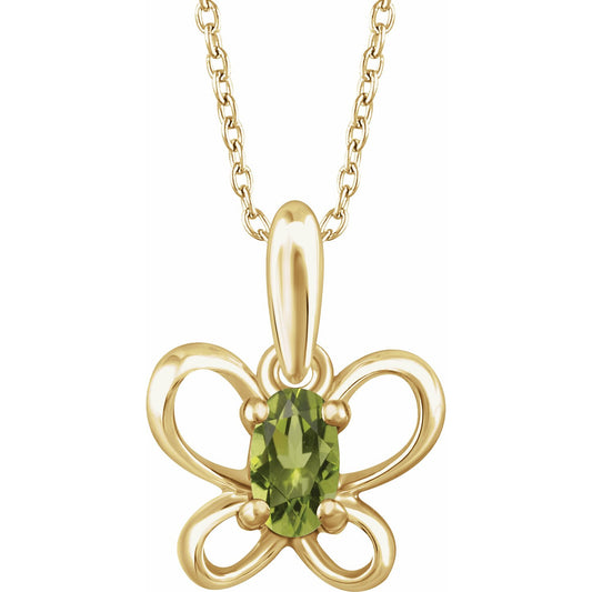 14K Yellow 4x3 mm Oval August Youth Butterfly Birthstone 15 Necklace