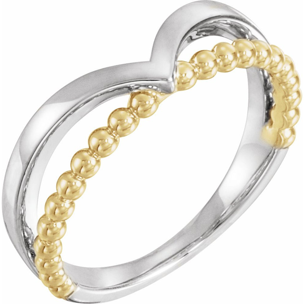 14K White & Yellow Negative Space Beaded V Ring