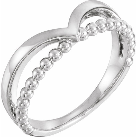 14K White Negative Space Beaded V Ring