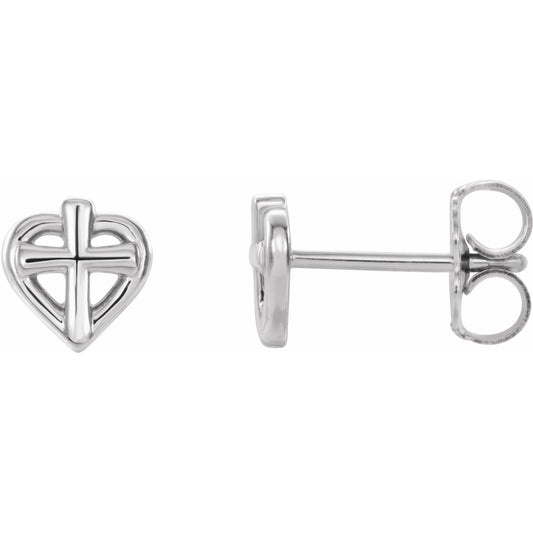 14K White Cross with Heart Youth Earrings