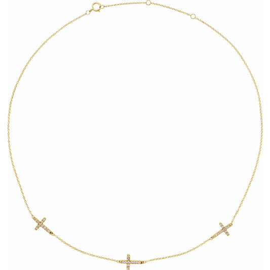 14K Yellow 1/4 CTW Diamond 3-Station Cross Adjustable 16-18u201d Necklace