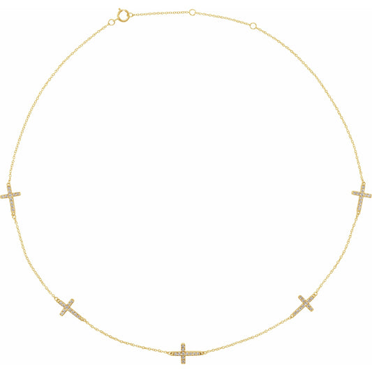 14K Yellow 1/8 CTW Diamond 5-Station Cross Adjustable 16-18u201d Necklace