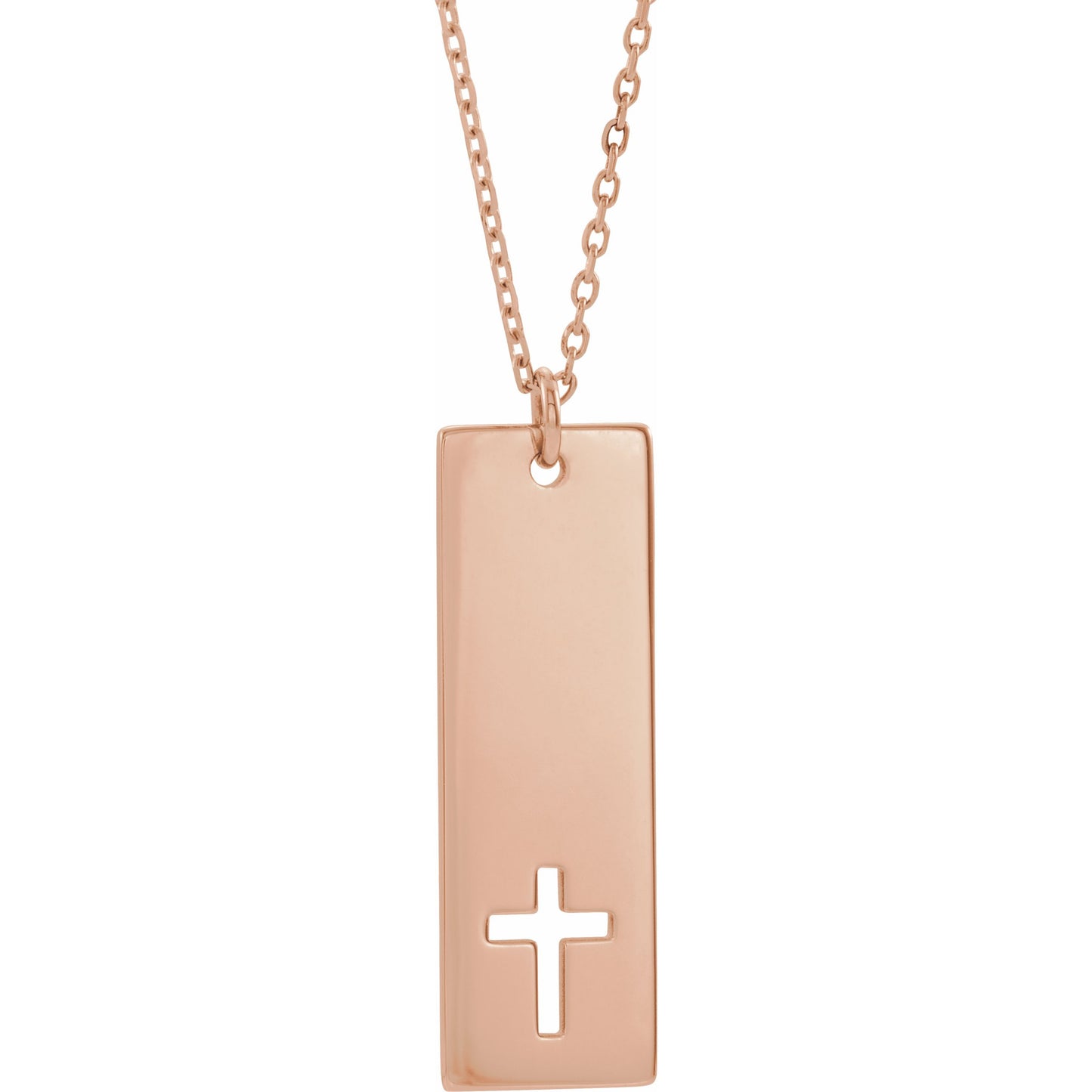 14K Rose Pierced Cross Engravable Bar 16-18 Necklace