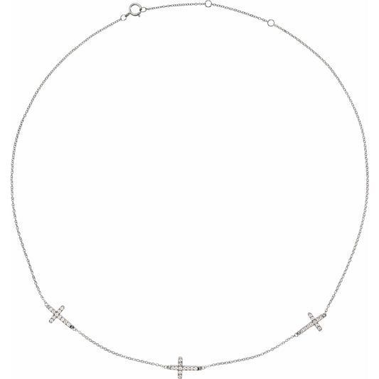 14K White 1/4 CTW Diamond 3-Station Cross Adjustable 16-18u201d Necklace