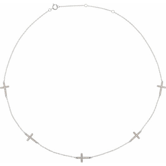 14K White 1/8 CTW Diamond 5-Station Cross Adjustable 16-18u201d Necklace