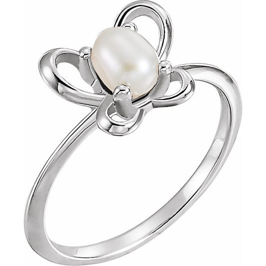 14K White 4x3 mm Pearl June Youth Butterfly Birthstone Ring