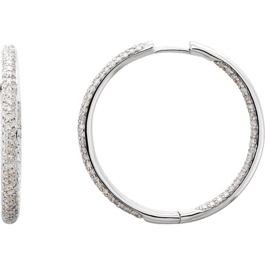 18K White 1 1/2 CTW Diamond Inside-Outside Hinged 28 mm Hoop Earrings