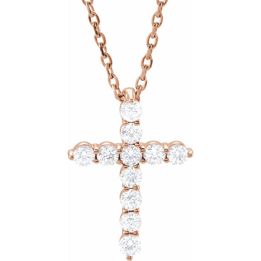 14K Rose 14.6x10.5 mm 1/4 CTW Diamond Cross 16-18 Necklace