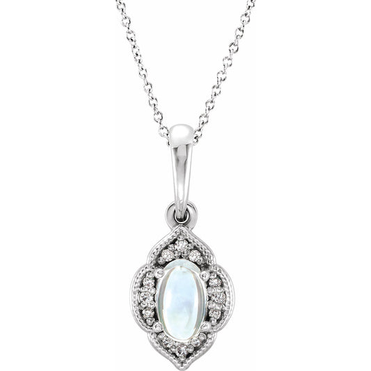 14K White Rainbow Moonstone & .03 CTW Diamond Clover 16-18 Necklace