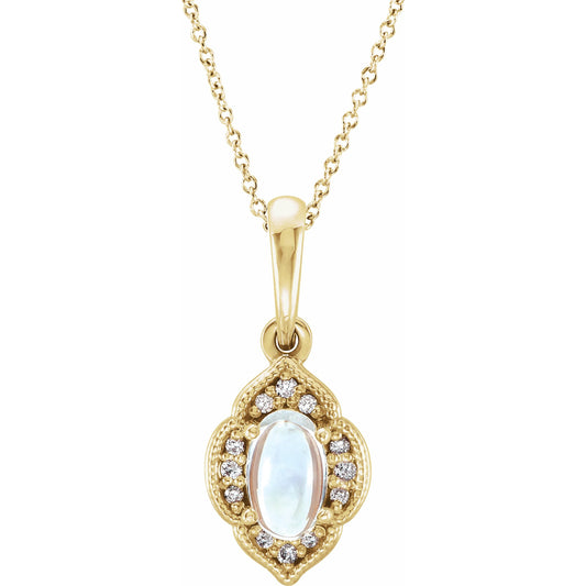14K Yellow Rainbow Moonstone & .03 CTW Diamond Clover 16-18 Necklace