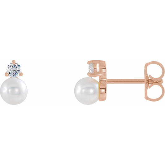 14K Rose Freshwater Cultured Pearl & 1/8 CTW Diamond Earrings