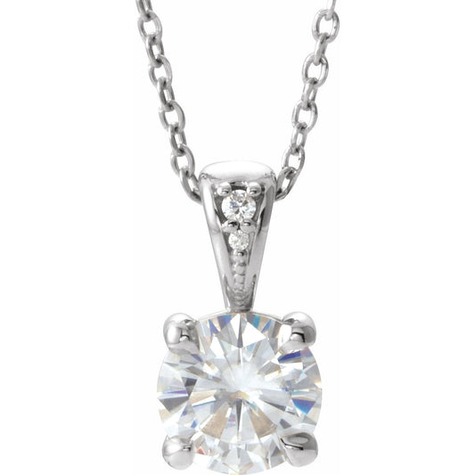 14K White 6.5 mm Round Forever Oneu2122 Moissanite & .01 CTW Diamond 16-18 Necklace