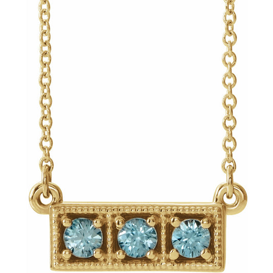 14K Yellow Blue Zircon Three-Stone Granulated Bar 16-18 Necklace
