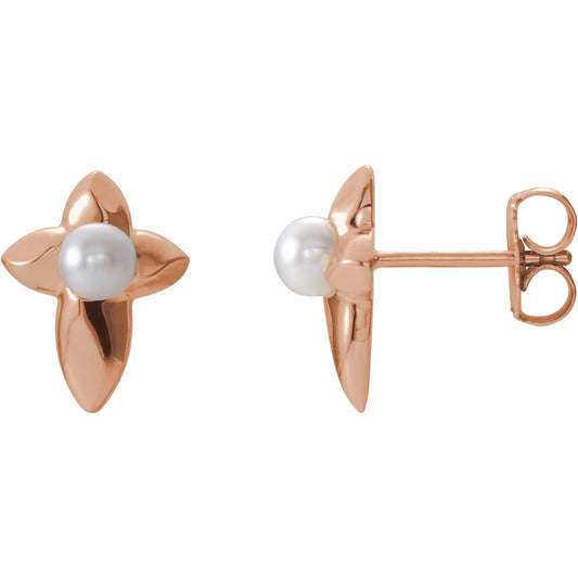 14K Rose Freshwater Cultured Pearl Cross Earrings