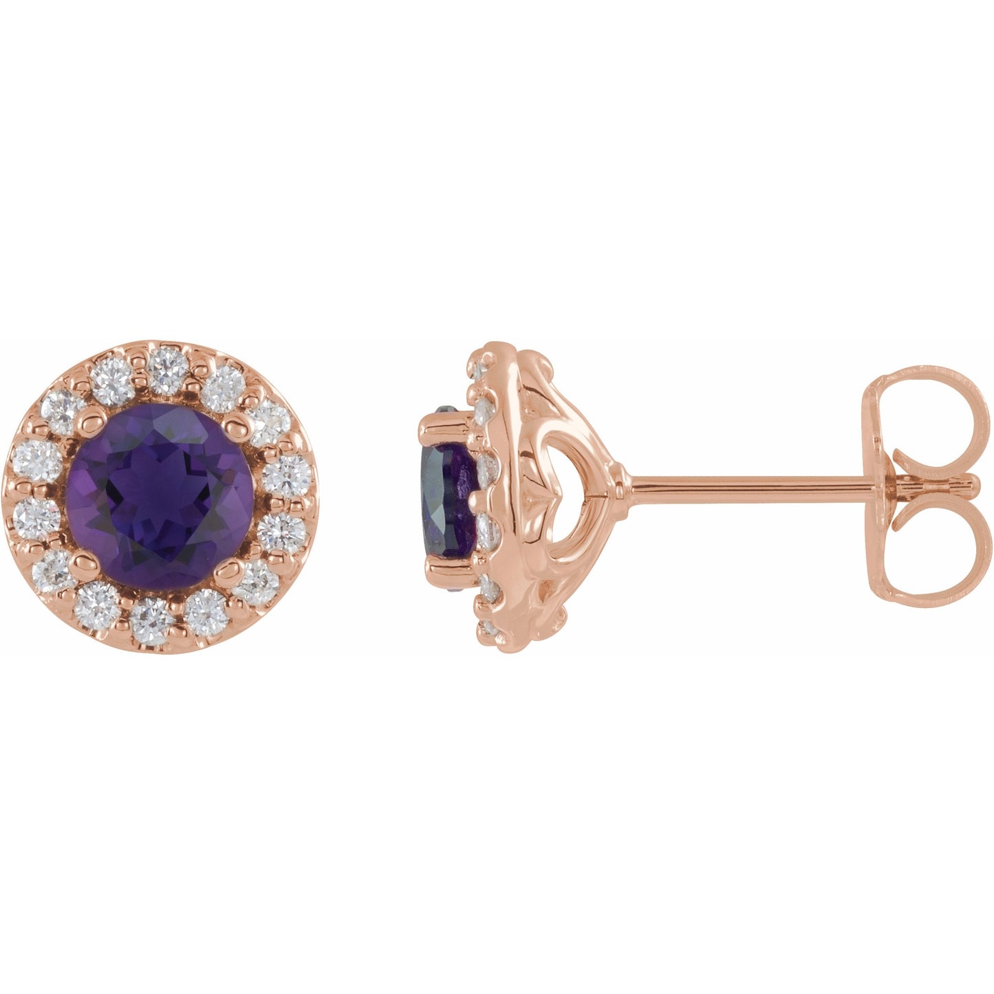 14K Rose 4 mm Round Amethyst & 1/8 Diamond Earrings