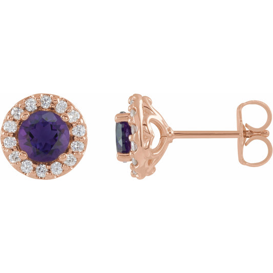 14K Rose 4 mm Round Amethyst & 1/8 Diamond Earrings