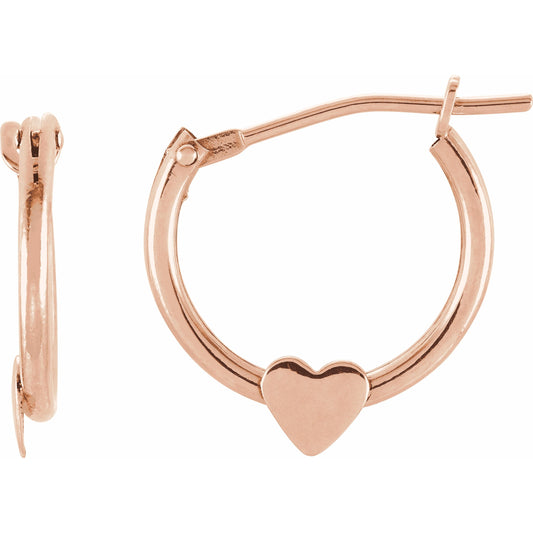 14K Rose Hinged Hoop Earrings with Heart