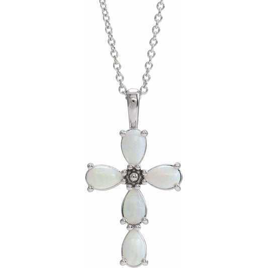 14K White Cabochon White Opal Cross 16-18 Necklace
