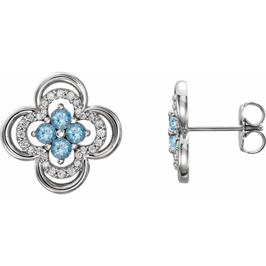 14K White Aquamarine & 1/5 CTW Diamond Clover Earrings