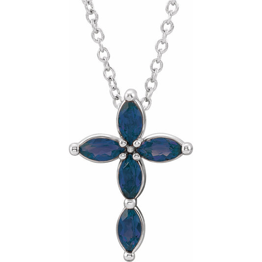 14K White Blue Sapphire Cross Necklace
