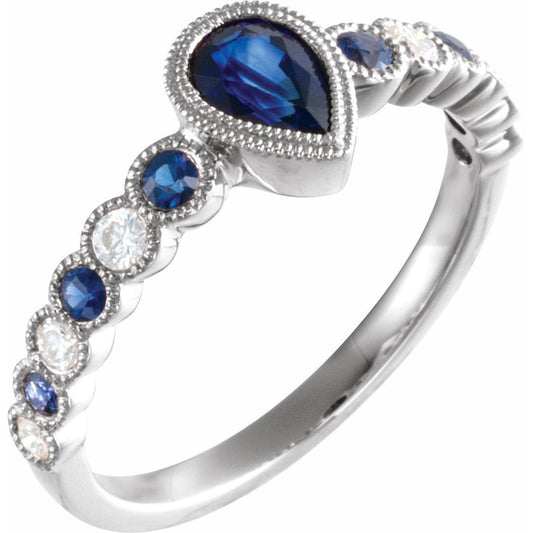 14K White Blue Sapphire & 1/6 CTW Diamond Ring